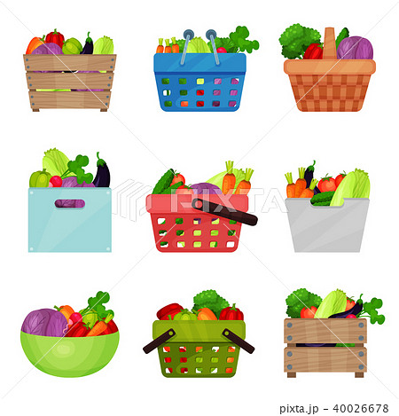 Flat vector set of wooden boxes, bowl, containers, shopping and picnic baskets with fresh vegetables Flat vector set of wooden boxes, bowl, containers, shopping and picnic baskets with fresh vegetables 40026678