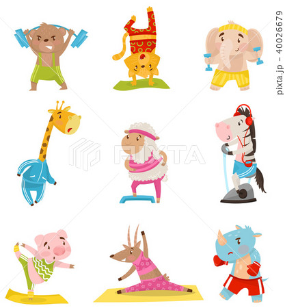 Flat vector set of cute humanized animals engaged in sports. Physical activity and healthy lifestyle Flat vector set of cute humanized animals engaged in sports. Physical activity and healthy lifestyle 40026679