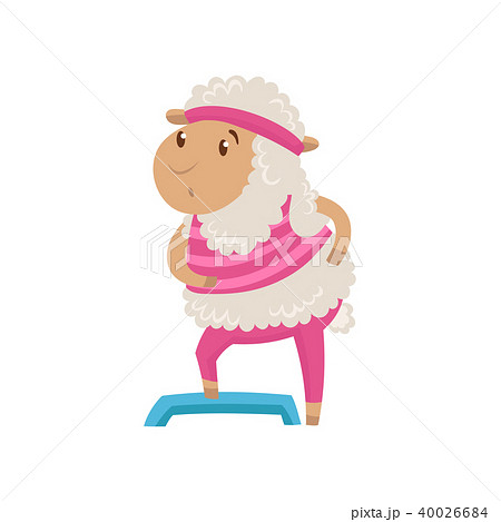 Funny humanized sheep doing fitness exercise using step platform. Farm animal in pink sportswear and Funny humanized sheep doing fitness exercise using step platform. Farm animal in pink sportswear and 40026684