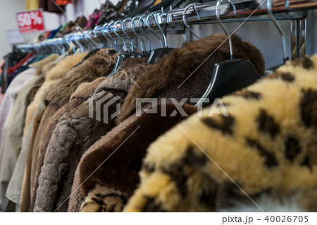 Secondhand Fur Coats For Sale in a Thrift Store 40026705