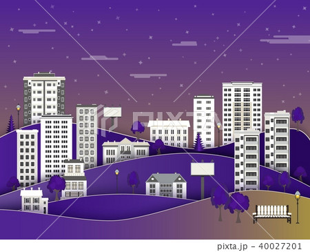 City landscape in night with multistorey apartment houses and office buildings, public park. 40027201
