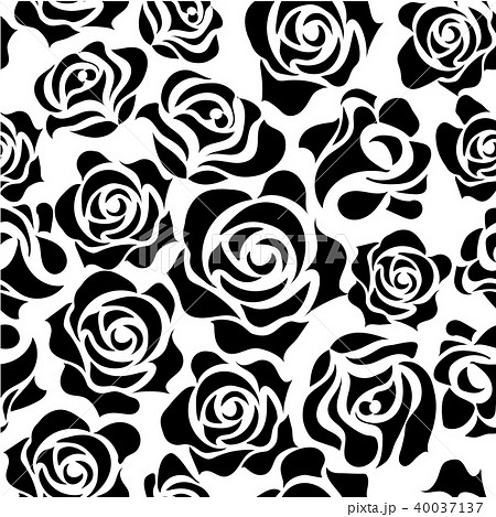バラのイラスト モノクロ 薔薇の模様の連続柄 シームレスデザイン 背景イラストのイラスト素材