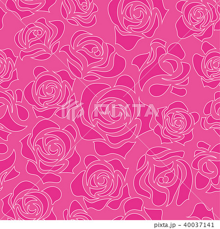 バラのイラスト ピンク 線画 薔薇の模様の連続柄 シームレスデザイン 背景イラストのイラスト素材
