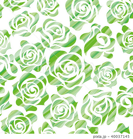バラのイラスト 筆タッチ グリーン 薔薇の模様の連続柄 シームレスデザイン 背景イラストのイラスト素材
