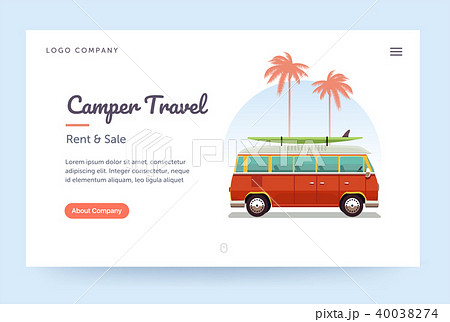 Camper travel website template. Surfing retro van illustration. Home page concept. UI design mockup. 40038274