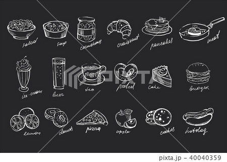 Vector set of hand drawn food and drinks on black chalkboard. Salad, soup, canned cucumbers, sweet 40040359