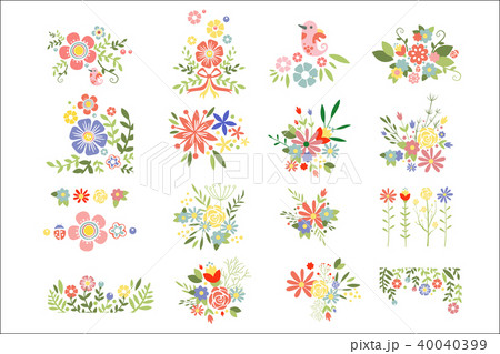 Flat vector set of colorful floral compositions. Blooming spring flowers. Colorful plants. Botanical Flat vector set of colorful floral compositions. Blooming spring flowers. Colorful plants. Botanical 40040399
