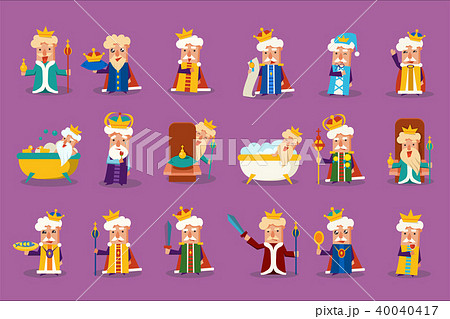 Funny king character posing in different situations set, old imperior showing various emotions 40040417