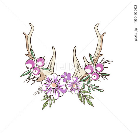 Deer horns with pink flowers and berries, hand drawn floral composition with antlers vector Deer horns with pink flowers and berries, hand drawn floral composition with antlers vector 40040932