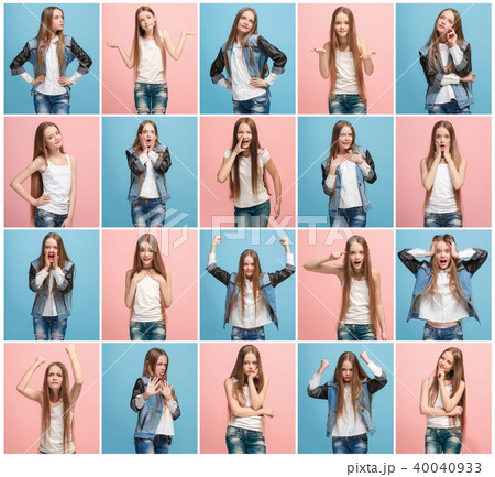 The collage of different human facial expressions, emotions and feelings of young teen girl. 40040933