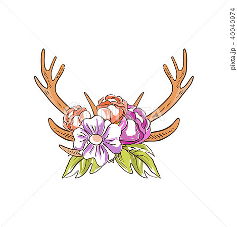 Deer horns with flowers, hand drawn floral composition with antlers vector Illustration on a white Deer horns with flowers, hand drawn floral composition with antlers vector Illustration on a white 40040974