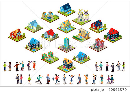 Vector set of urban isometric houses and groups of people. Residential buildings. Modern 3D style 40041379