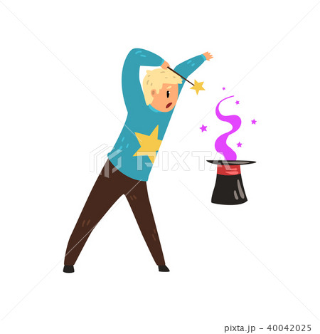 Magician showing focus with cylinder hat. Man using magic wand for performing trick. Flat vector Magician showing focus with cylinder hat. Man using magic wand for performing trick. Flat vector 40042025