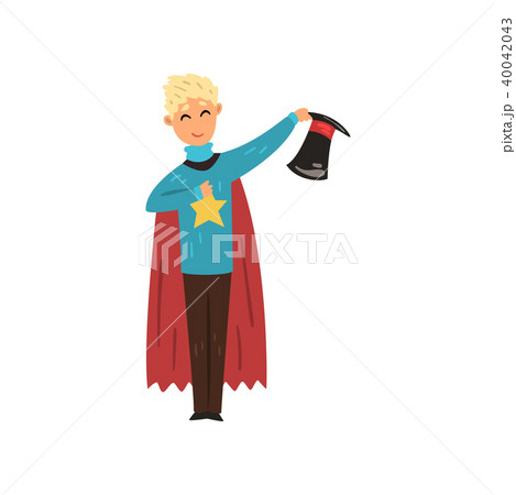 Cheerful magician standing with top hat in hand. Cartoon character of man dressed in red cloak. Flat 40042043