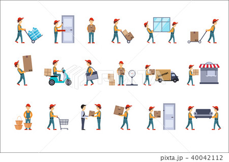 Flat vector set of illustrations for delivery concept. Loaders with parcels, man carrying cardboard 40042112