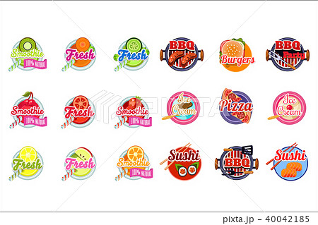 Flat vector set of stickers for fruit and vegetable smoothies, BBQ sauce and ice-cream. Original 40042185