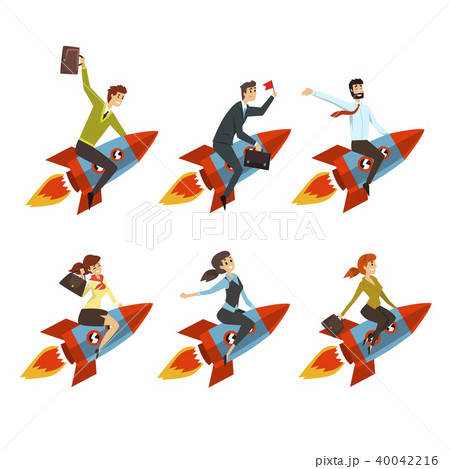 Business men and women flying on rockets. Successful people in formal clothes. Career advancement. Y Business men and women flying on rockets. Successful people in formal clothes. Career advancement. Y 40042216