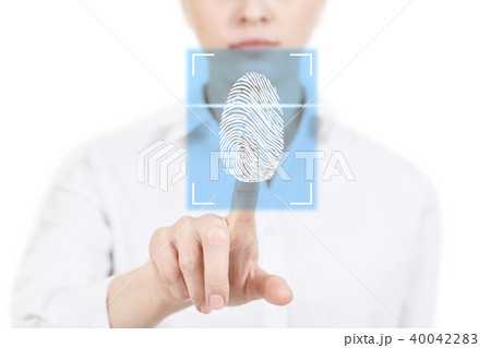 Woman pressing on virtual button with dactyloscopy scanner. Woman pressing on virtual button with dactyloscopy scanner. 40042283