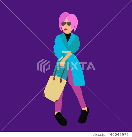 Young girl wearing sunglasses, raincoat hold bag. 40042972
