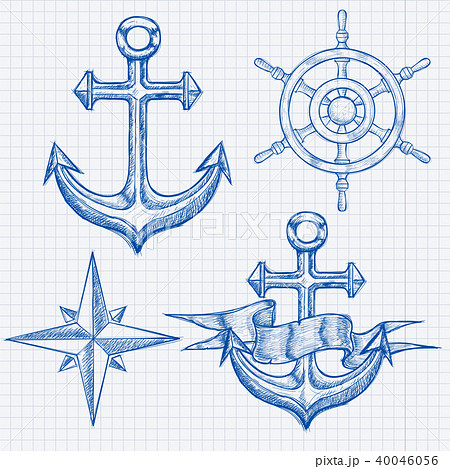 Marine set. Anchor, steering wheel, compass rose. Hand drawn sketch. Blue vector illustration on 40046056