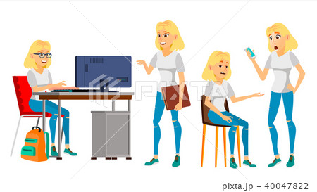 Business Woman Character Vector. Female In Different Poses. Clerk In Office Clothes. Designer 40047822