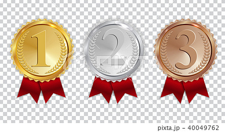 Champion Gold, Silver and Bronze Medal with Red Ribbon Icon Sign First, Secondand Third Place 40049762