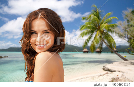 happy woman in bikini swimsuit on tropical beach happy woman in bikini swimsuit on tropical beach 40060814
