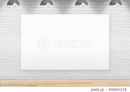 Blank chalkboard on brick wall in room. 40064216