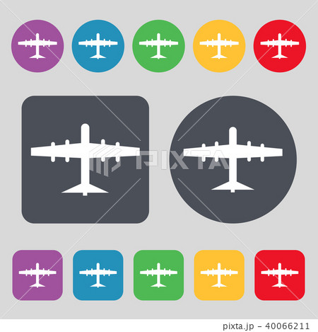 Plane icon sign. A set of 12 colored buttons. Flat Plane icon sign. A set of 12 colored buttons. Flat 40066211