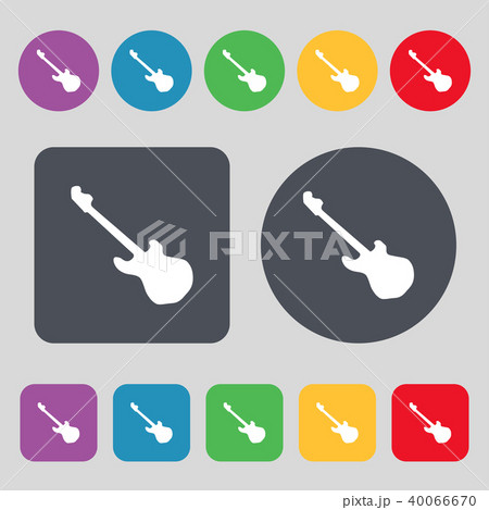 Guitar icon sign. A set of 12 colored buttons. Fla 40066670