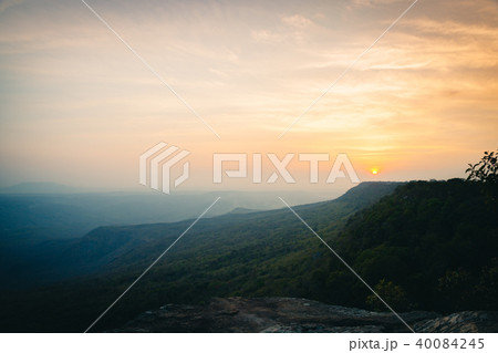 Sunset scene with pine forest and mountain. Sunset scene with pine forest and mountain. 40084245