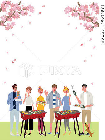 バーベキュー　桜　イラスト　若者 40084984