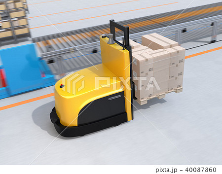 物流センターに梱包パレットを運搬するバッテリー式自動運転フォークリフト車のイメージのイラスト素材