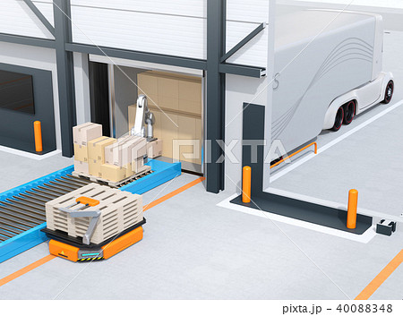 木製パレットを運ぶAGV自動搬送車、トラックの荷台から貨物をを降ろすロボットのイメージ 40088348