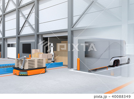 木製パレットを運ぶagv自動搬送車 トラックの荷台から貨物をを降ろすロボットのイメージのイラスト素材