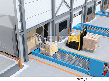 梱包した貨物を運ぶ自動運転フォークリフト車と トラックの荷台から貨物をを降ろすロボットのイメージのイラスト素材