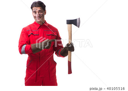 Contractor employee with axe on white background 40105516
