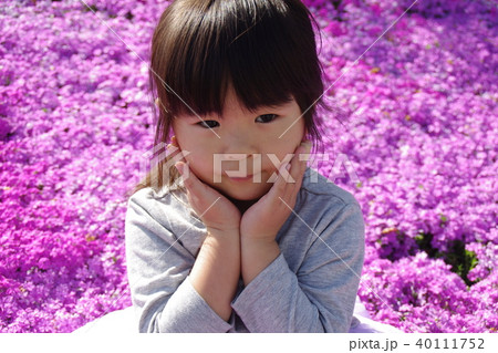 四歳の女の子芝桜のお花畑で 40111752
