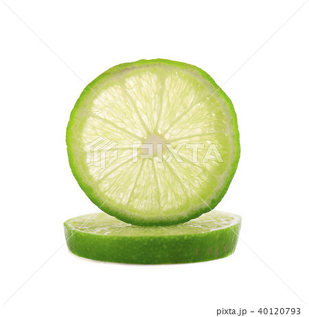 Ripe slice of green lime citrus fruit isolated on white background. Lime wedge with clipping path 40120793