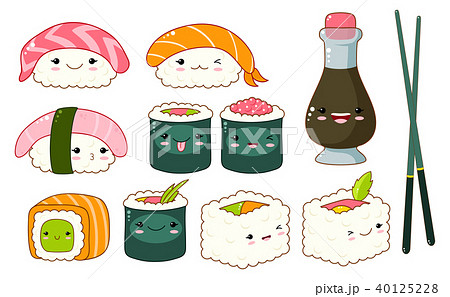 Set of cute sushi and rolls icons in kawaii style 40125228