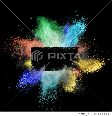 Launched colorful powder around a rectangular frame isolated on black background Launched colorful powder around a rectangular frame isolated on black background 40133343