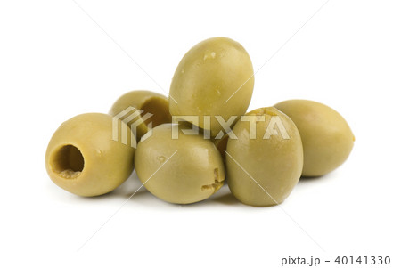 Pitted and marinated green olives, isolated on white background. Pitted and marinated green olives, isolated on white background. 40141330