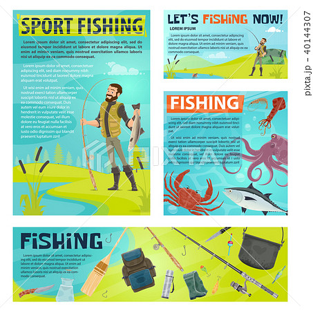 Sport fishing banner with fisherman and fish catch 40144307