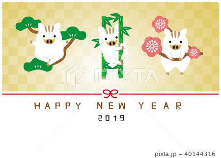 松竹梅　年賀状　明るい金屏風　年賀状2019 40144316