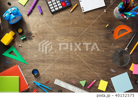 school supplies at wooden background 40152575