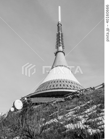 Jested - unique architectural building. Hotel and TV transmitter on the top of Jested Mountain 40160666