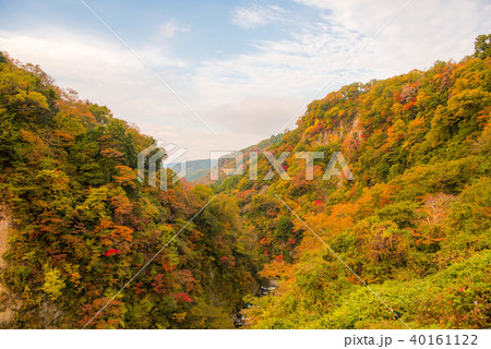 紅葉 青空 九酔渓の写真素材