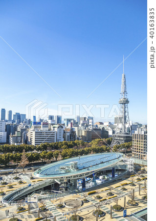 名古屋テレビ塔とオアシス21を見下ろす街並み風景の写真素材
