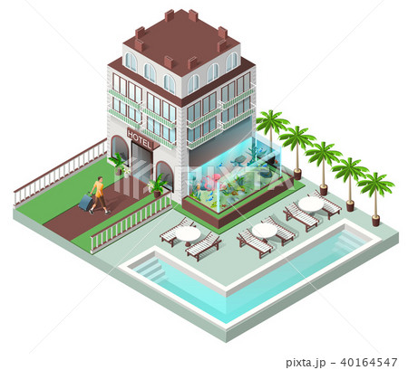Tourist hotel and sun loungers by pool 40164547
