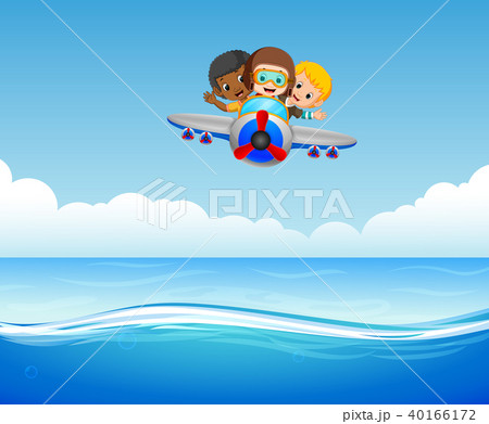 three boys riding plane over sea three boys riding plane over sea 40166172